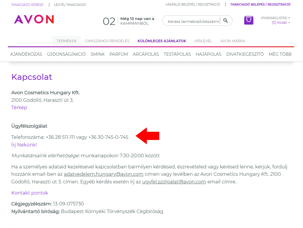 Avon ügyfélszolgálat telefonszám
